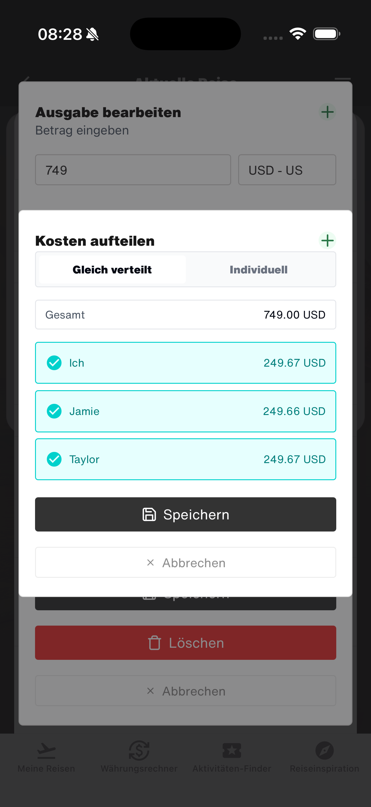 WanderSpend Cost-Split-Ansicht für gemeinsame Ausgaben