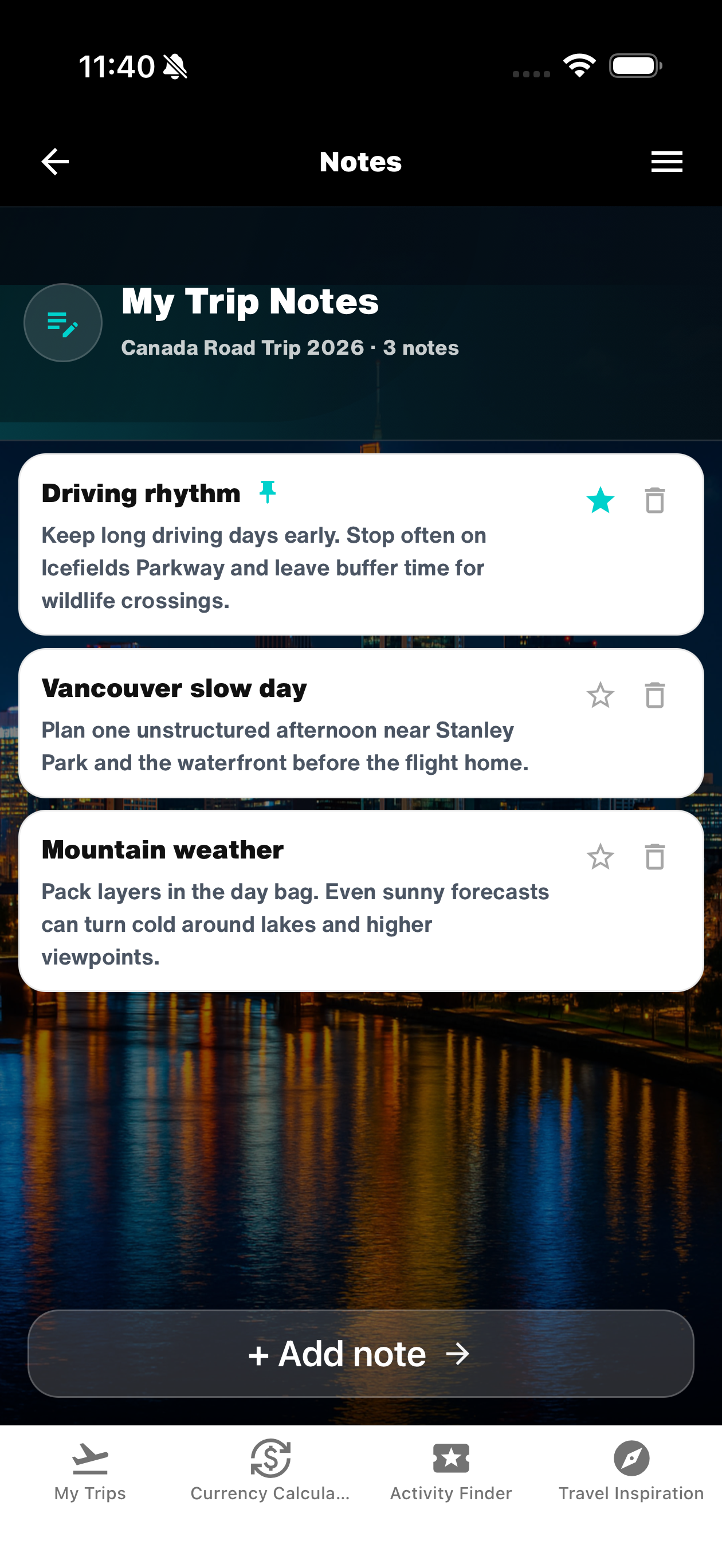 WanderSpend Rich-Text-Reisenotizen für einen Roadtrip