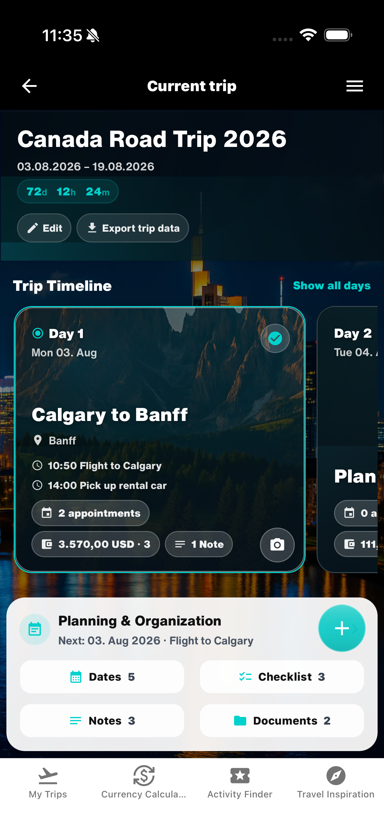 WanderSpend Reisetimeline mit täglichen Reisekarten