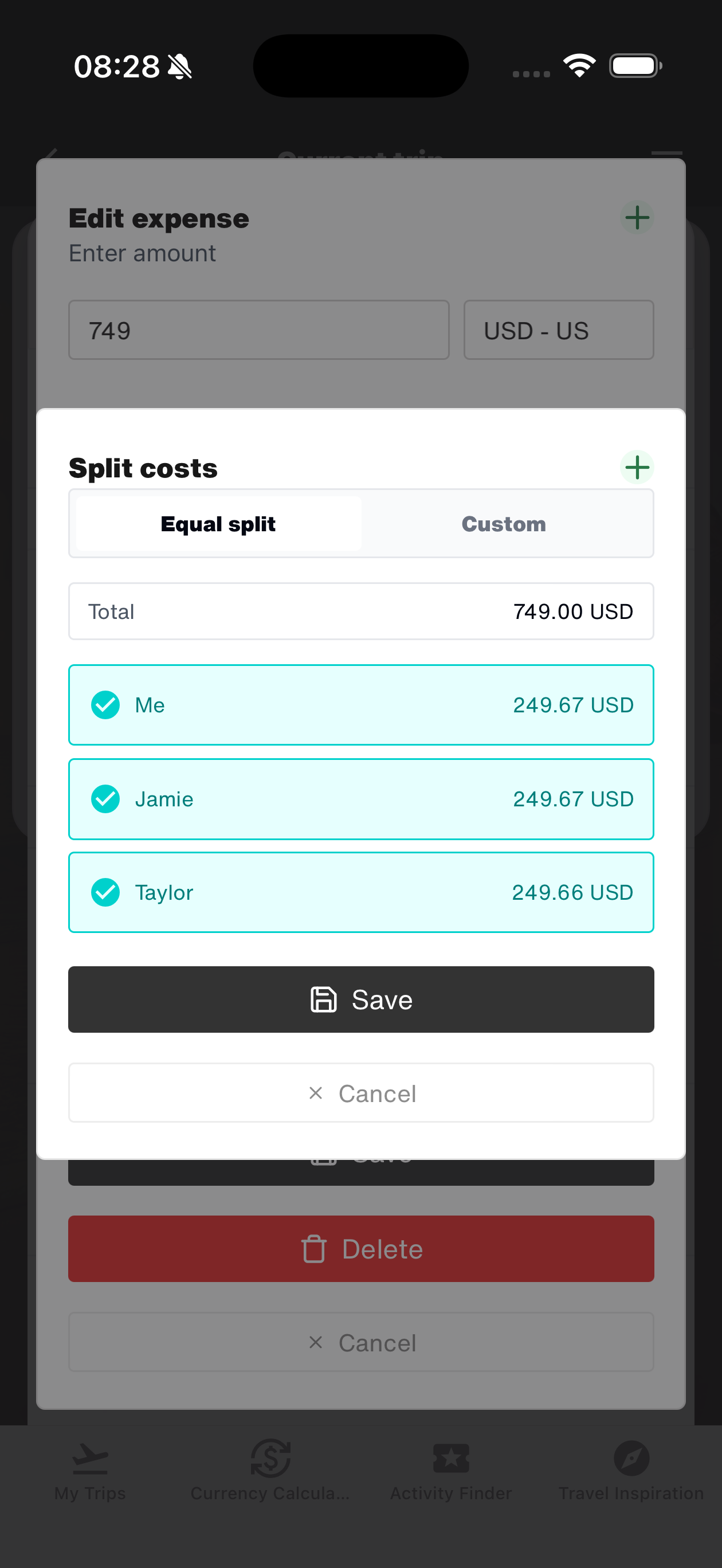 WanderSpend cost split screen for shared expenses