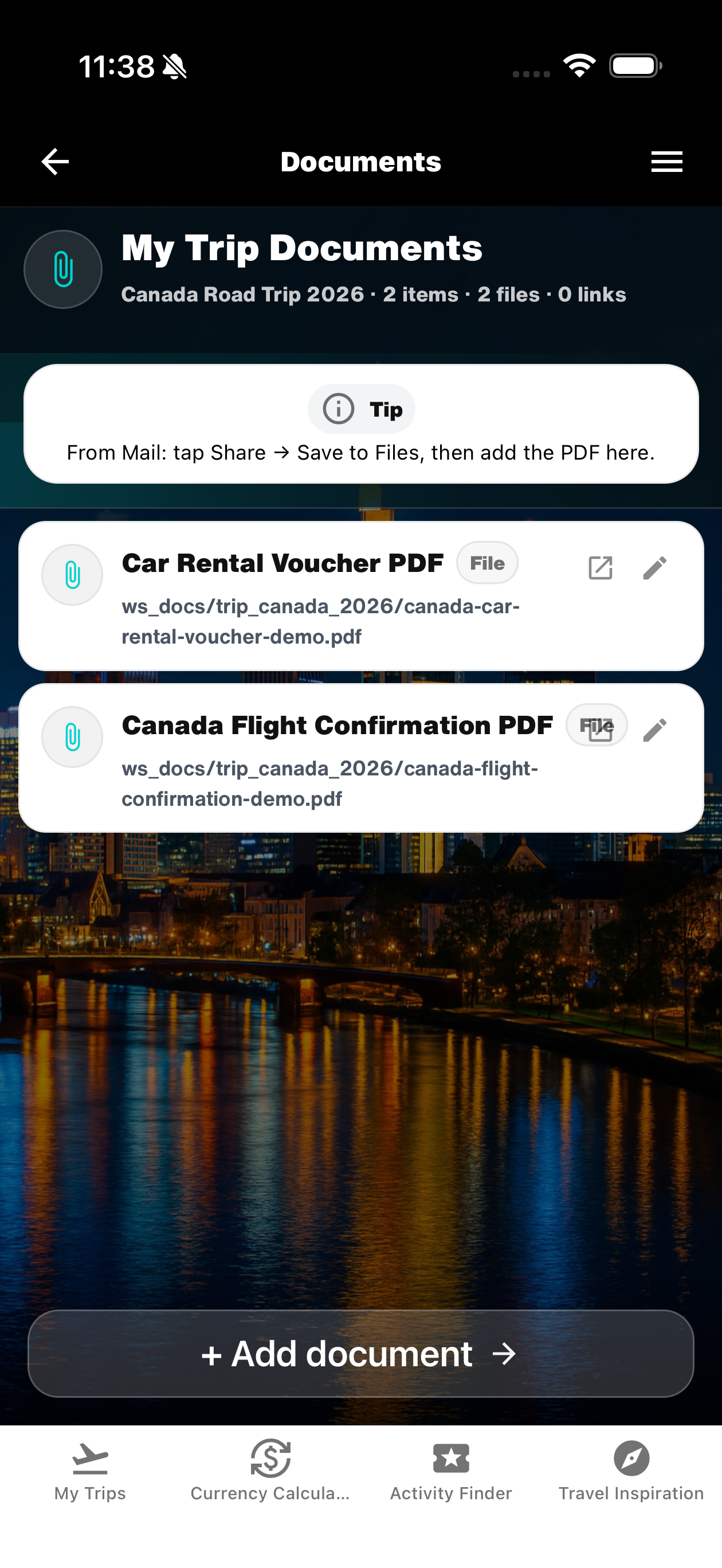 WanderSpend organization and travel documents screen