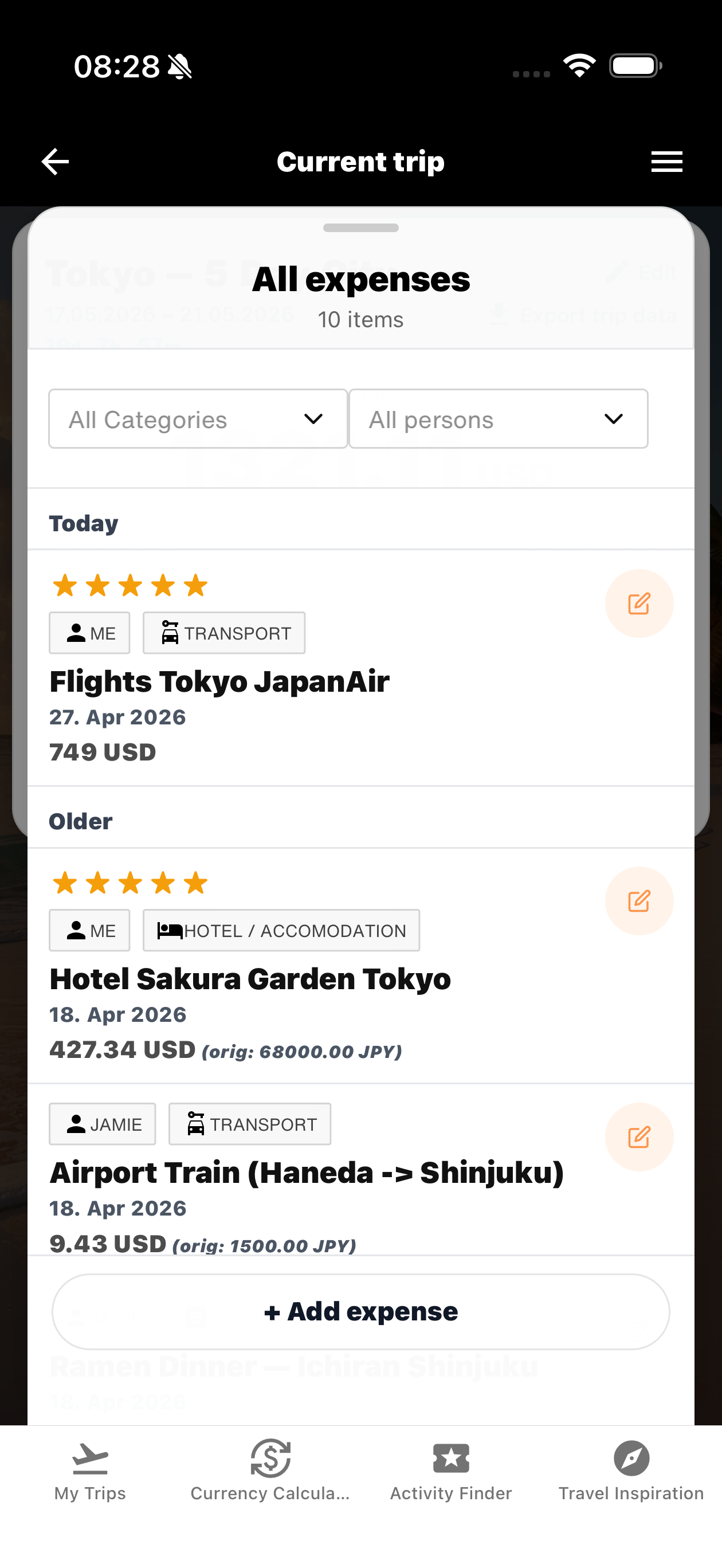 WanderSpend expense list for a trip