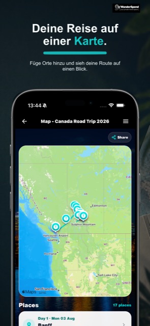 WanderSpend App-Store-Screenshot mit Reisekarte und Orten