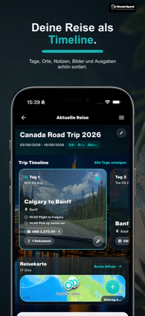 WanderSpend App-Store-Screenshot mit Reisetimeline