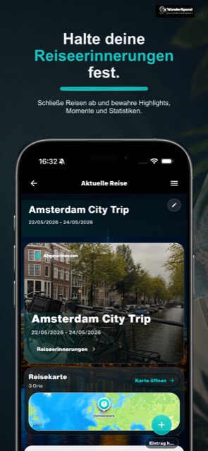 WanderSpend App-Store-Screenshot mit Reiseerinnerungen