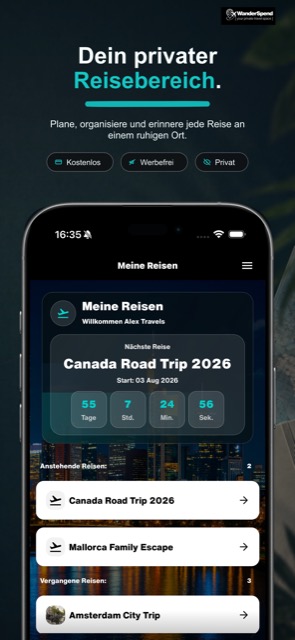 WanderSpend App-Store-Screenshot mit Reiseübersicht
