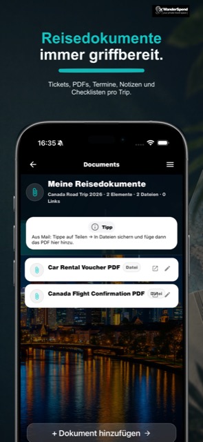 WanderSpend App-Store-Screenshot für Dokumente und Reiseplanung