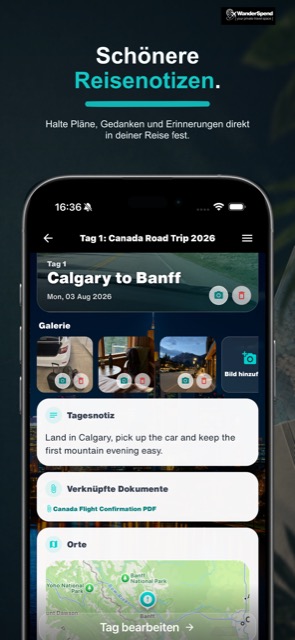 WanderSpend App-Store-Screenshot mit formatierten Reisenotizen