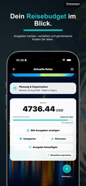 WanderSpend App-Store-Screenshot für Reisebudget und Ausgaben