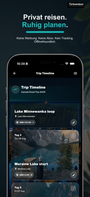 WanderSpend App-Store-Screenshot über private lokale Reisen