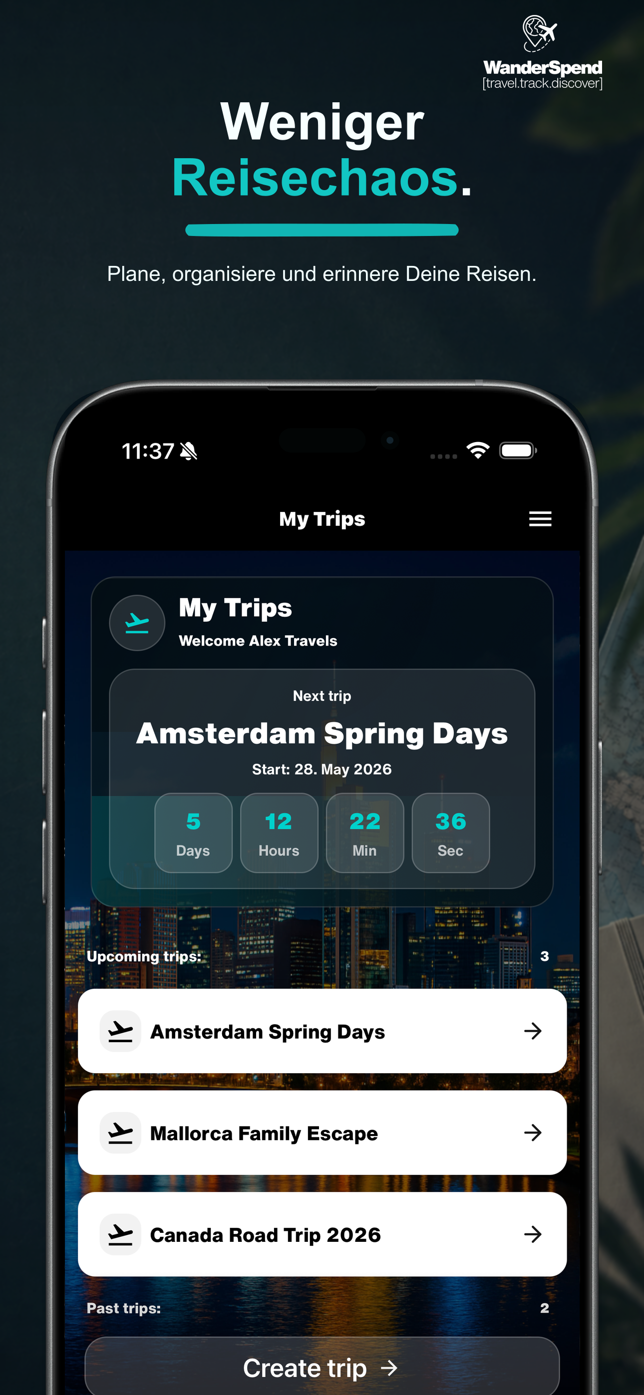 WanderSpend App-Store-Screenshot mit Reiseübersicht