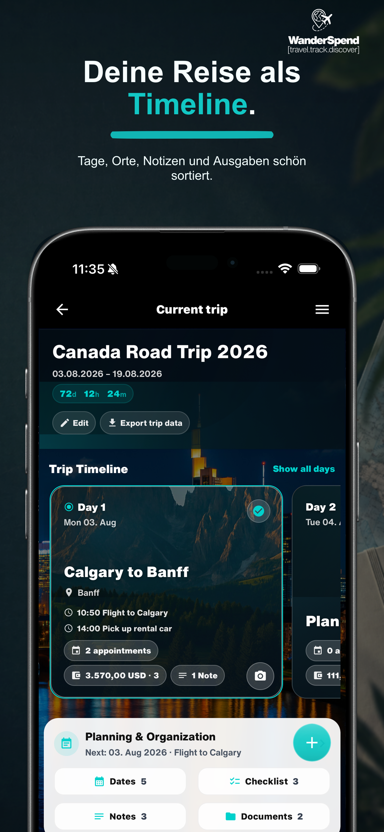 WanderSpend App-Store-Screenshot mit Reisetimeline