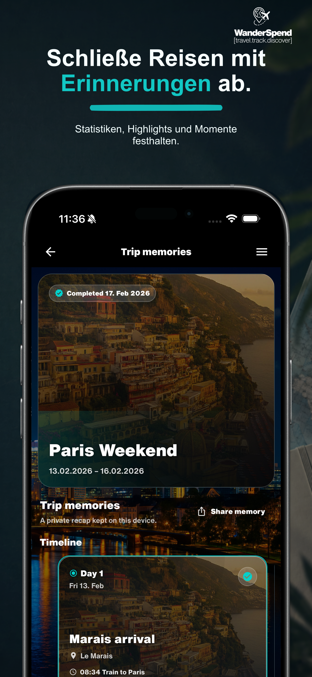 WanderSpend App-Store-Screenshot mit Reiseerinnerungen