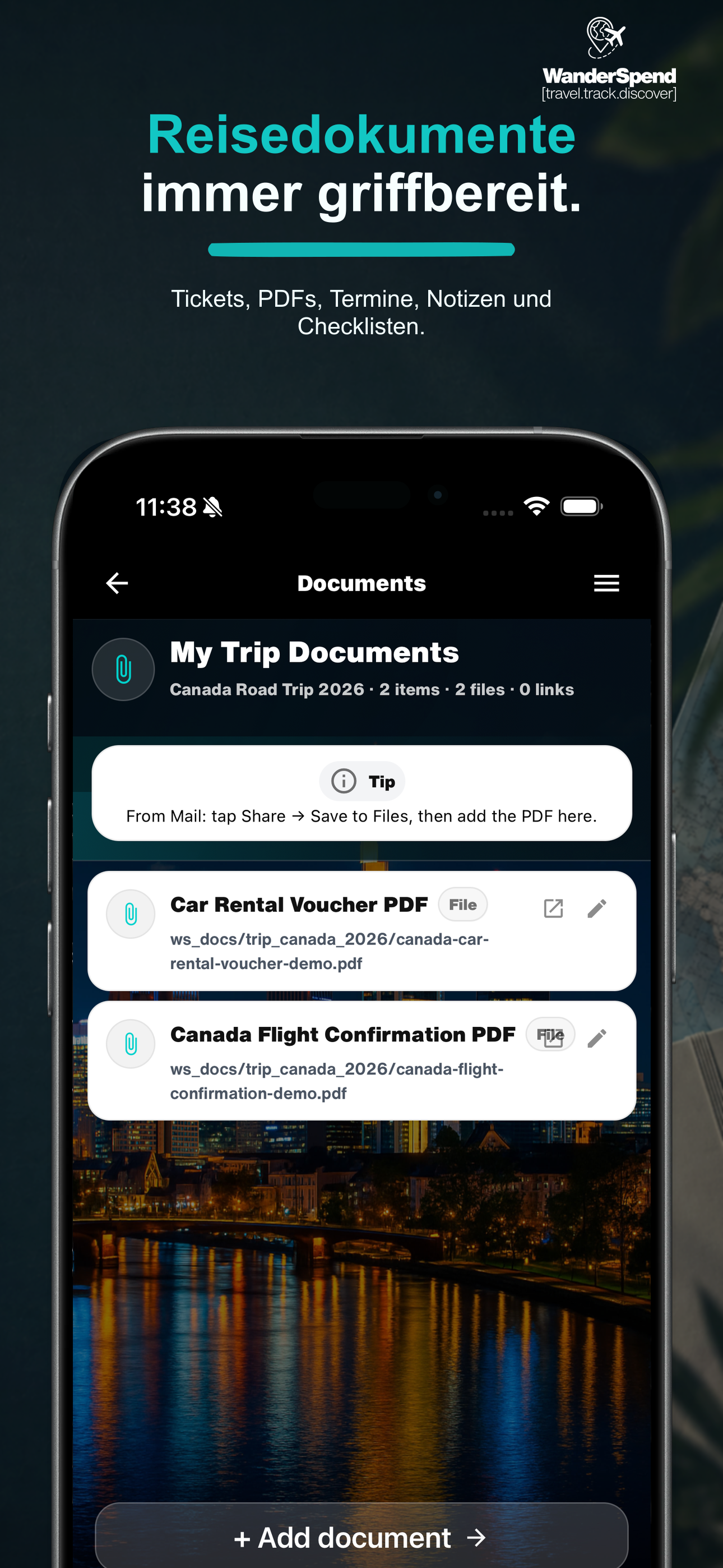 WanderSpend App-Store-Screenshot für Dokumente und Reiseplanung