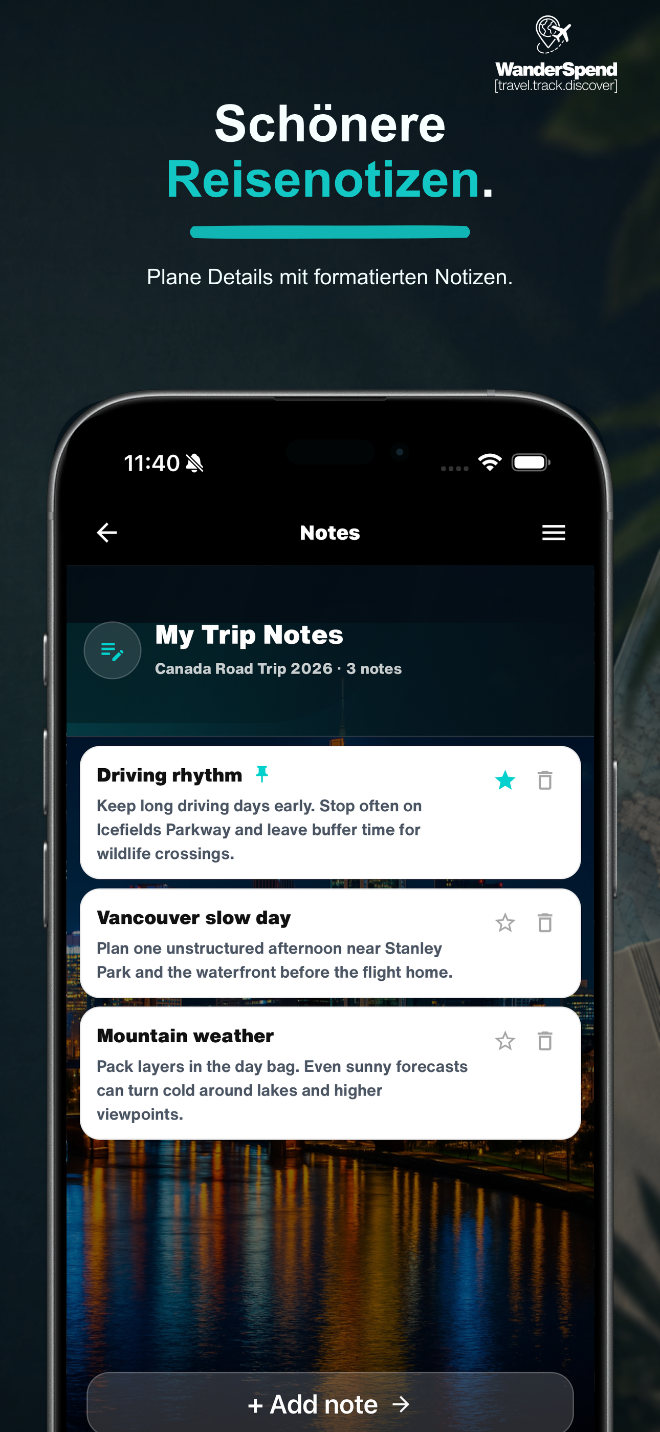 WanderSpend App-Store-Screenshot mit formatierten Reisenotizen