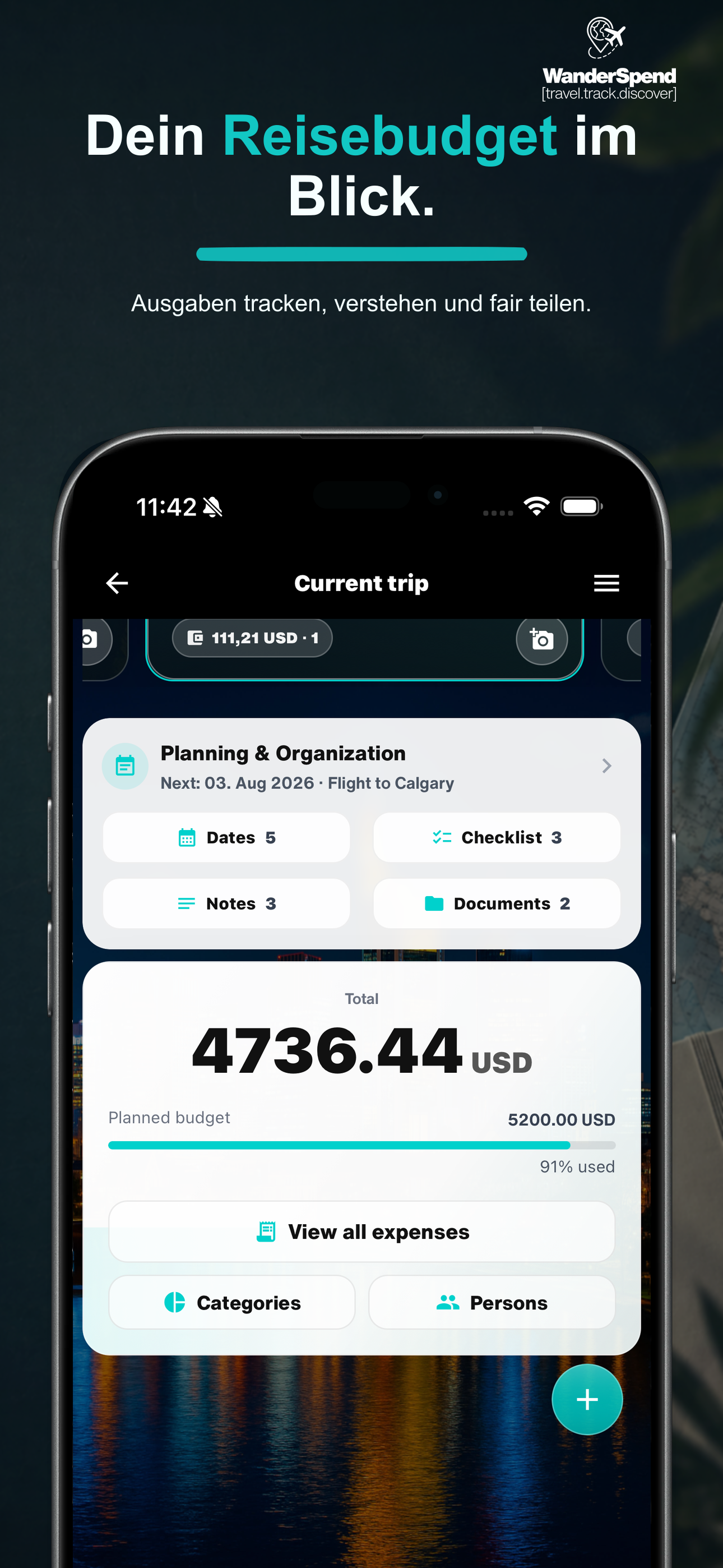 WanderSpend App-Store-Screenshot für Reisebudget und Ausgaben