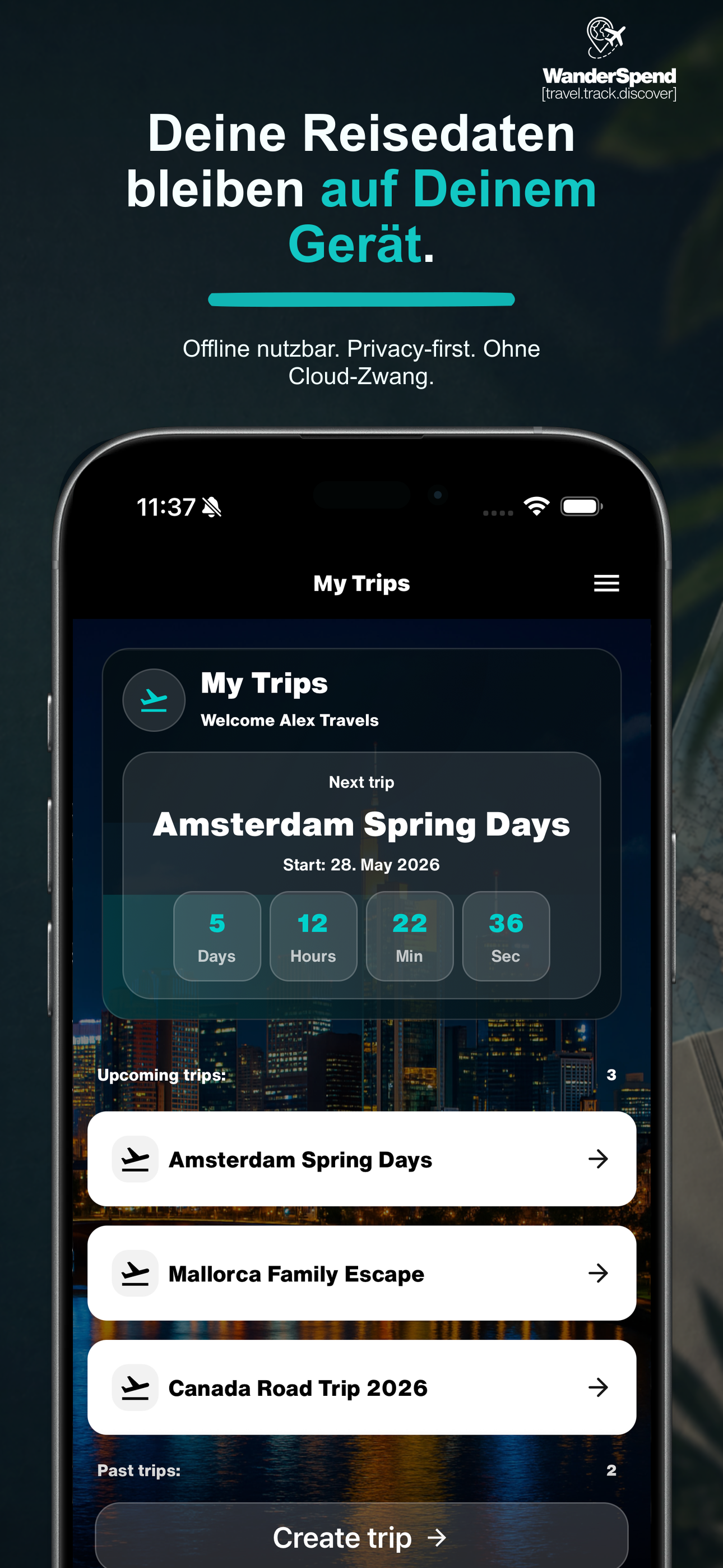 WanderSpend App-Store-Screenshot über private lokale Reisen