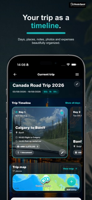 Screenshot App Store di WanderSpend con timeline di viaggio