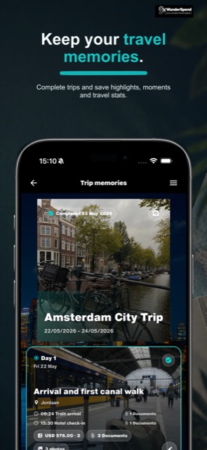 Screenshot App Store di WanderSpend con riepilogo dei ricordi di viaggio