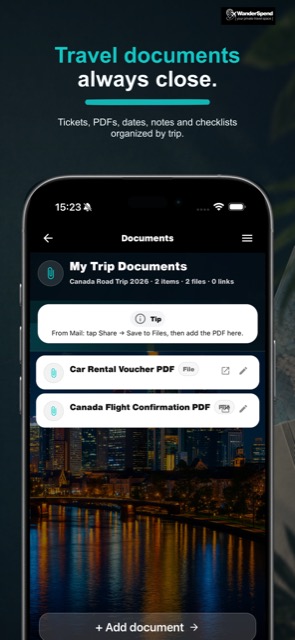 Screenshot App Store di WanderSpend per documenti e pianificazione