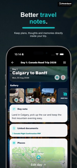 Screenshot App Store di WanderSpend con note di viaggio ricche