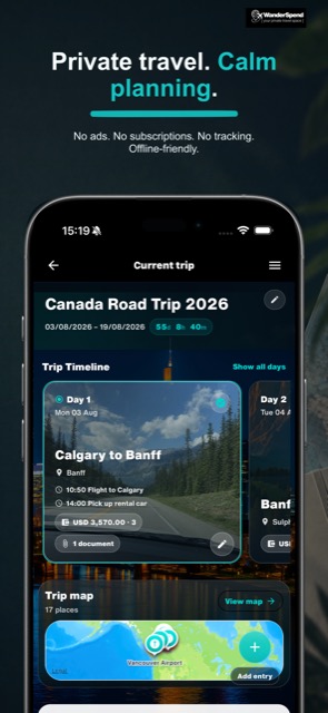 Screenshot App Store di WanderSpend sui viaggi privati e locali