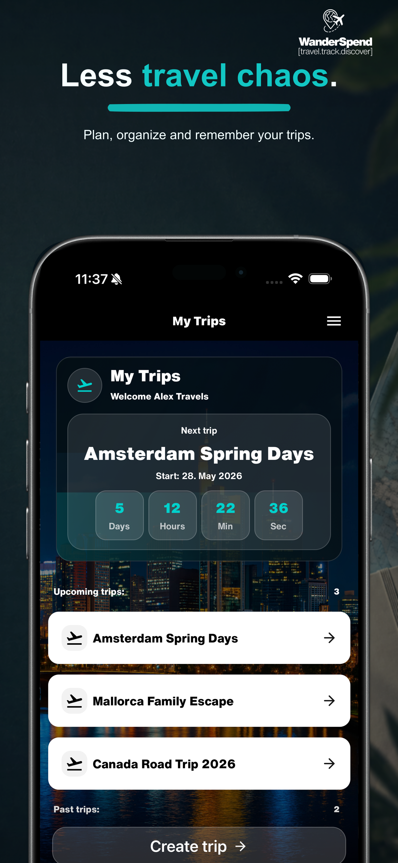 WanderSpend App Store screenshot with trip overview