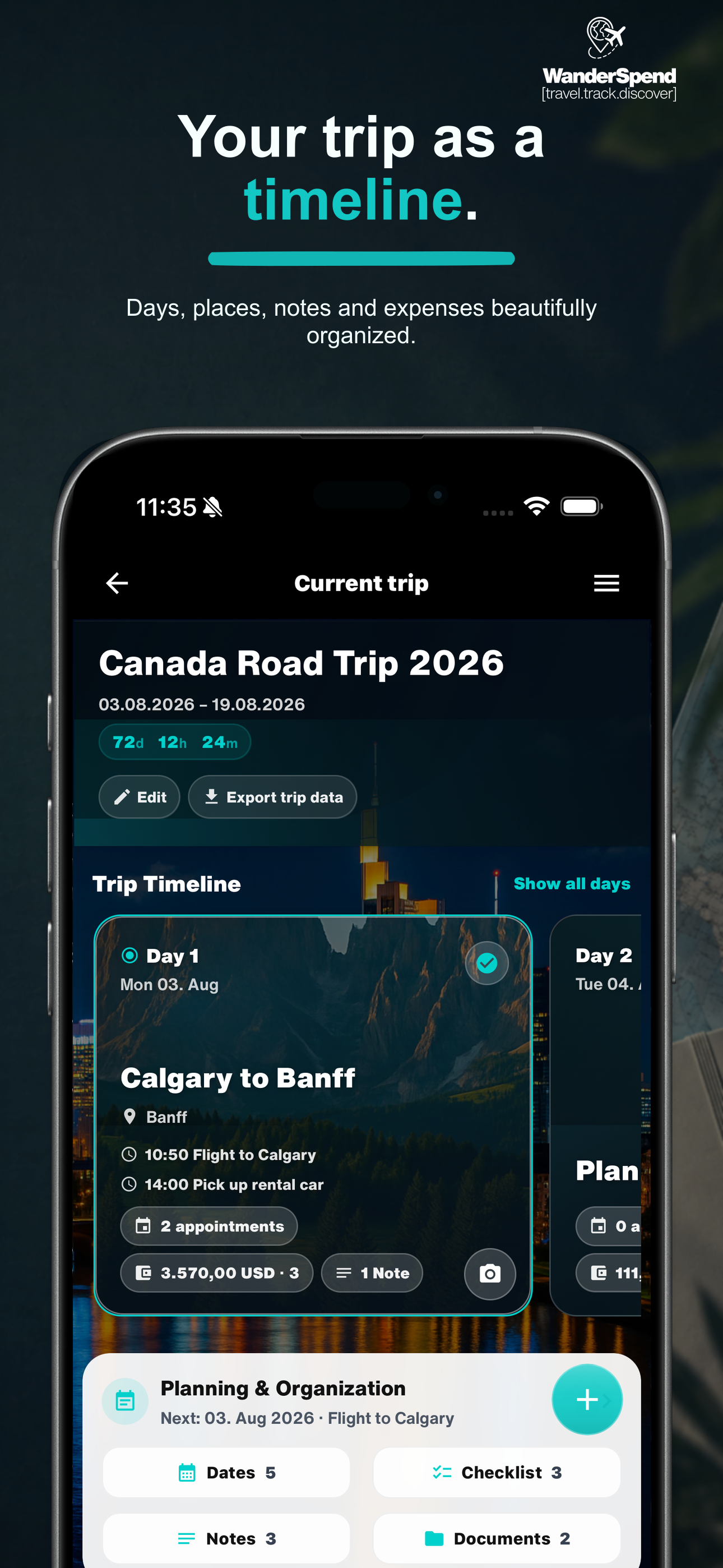 WanderSpend App Store screenshot with Trip Timeline