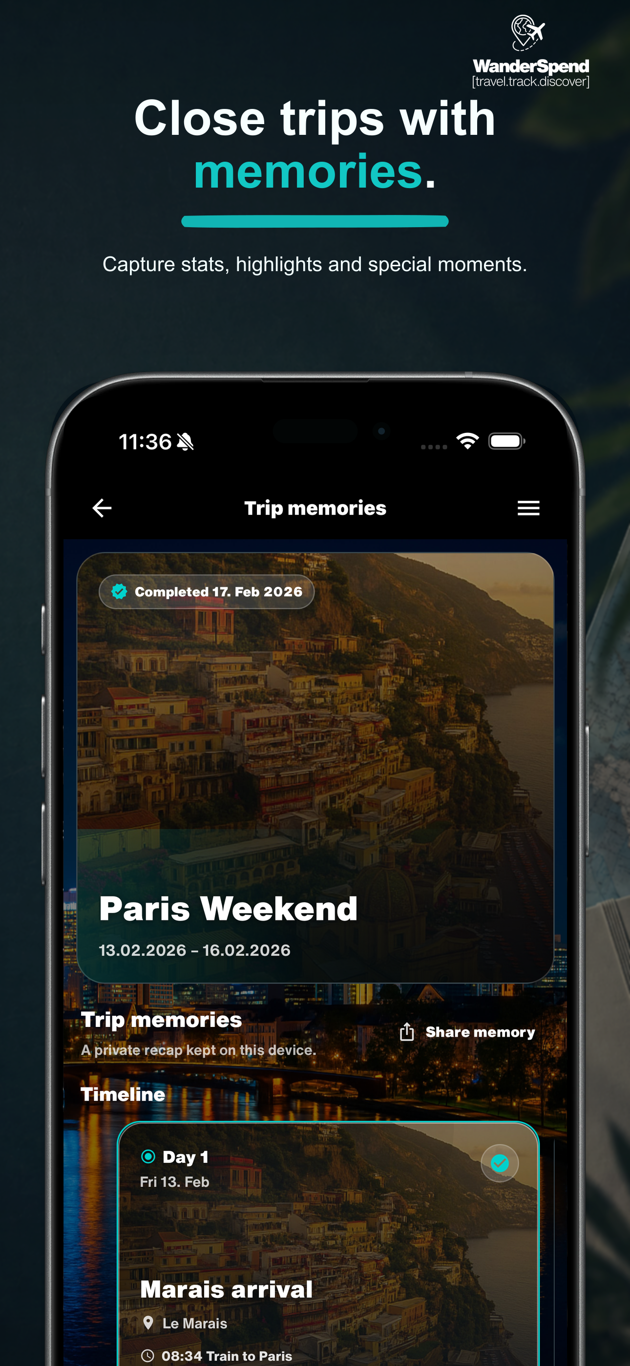 WanderSpend App Store screenshot with Trip Memories recap