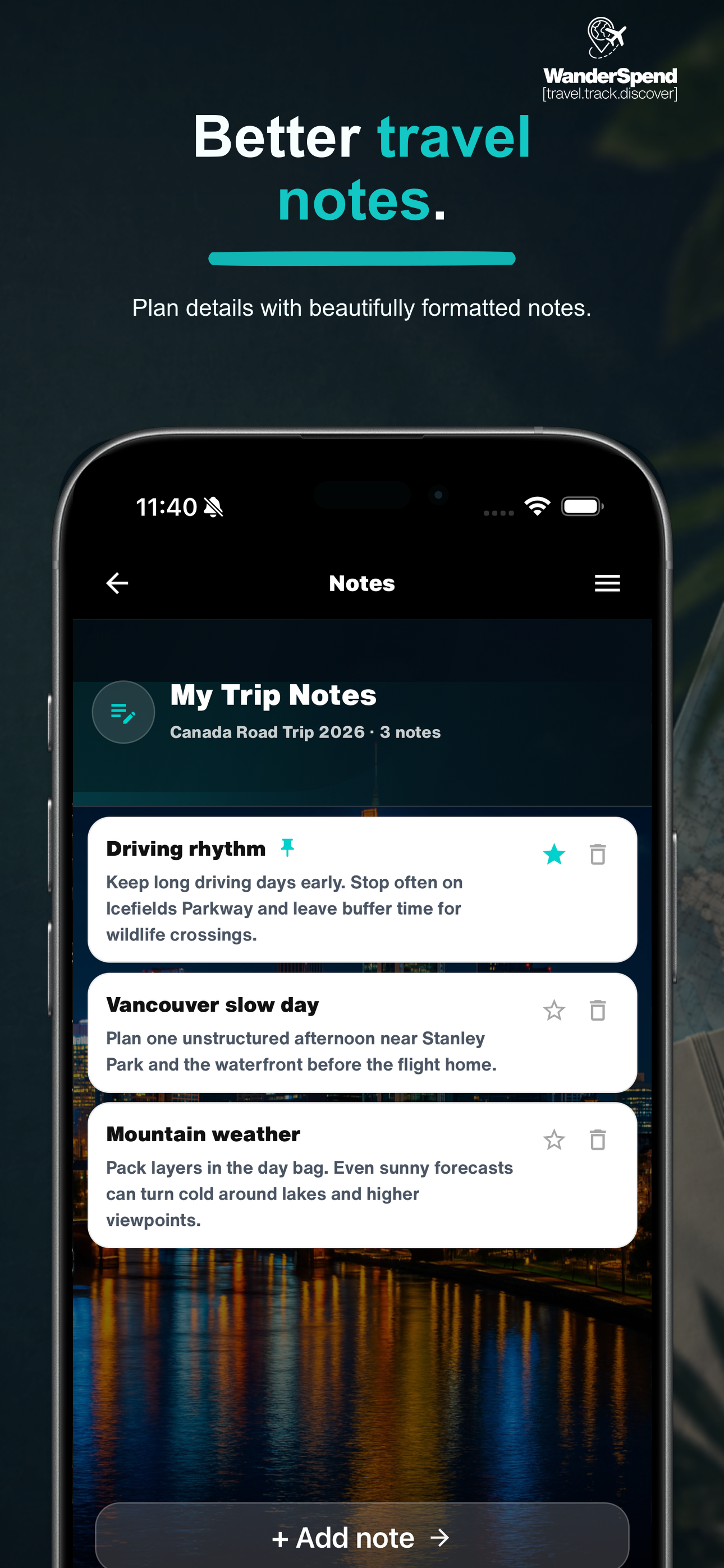 WanderSpend App Store screenshot with rich trip notes