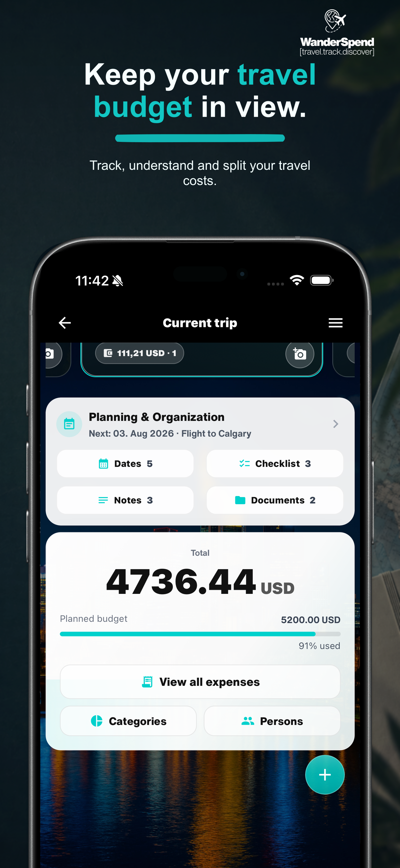 WanderSpend App Store screenshot for travel budget and expenses