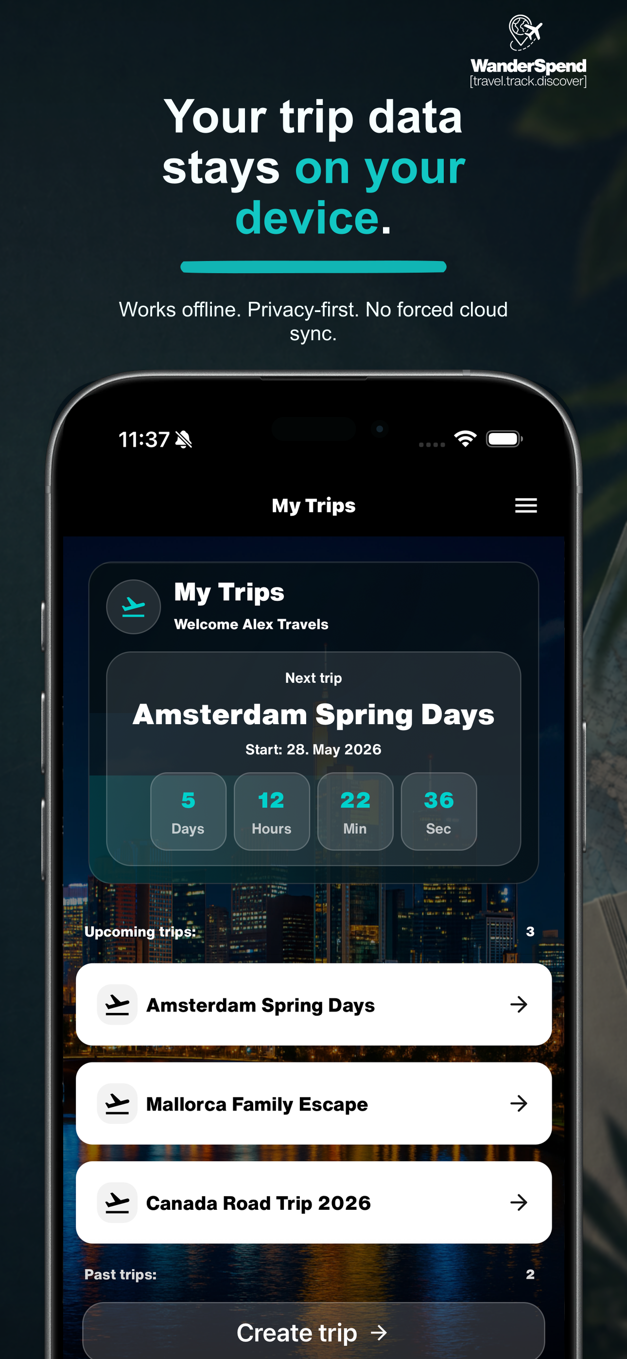 WanderSpend App Store screenshot about private local trips
