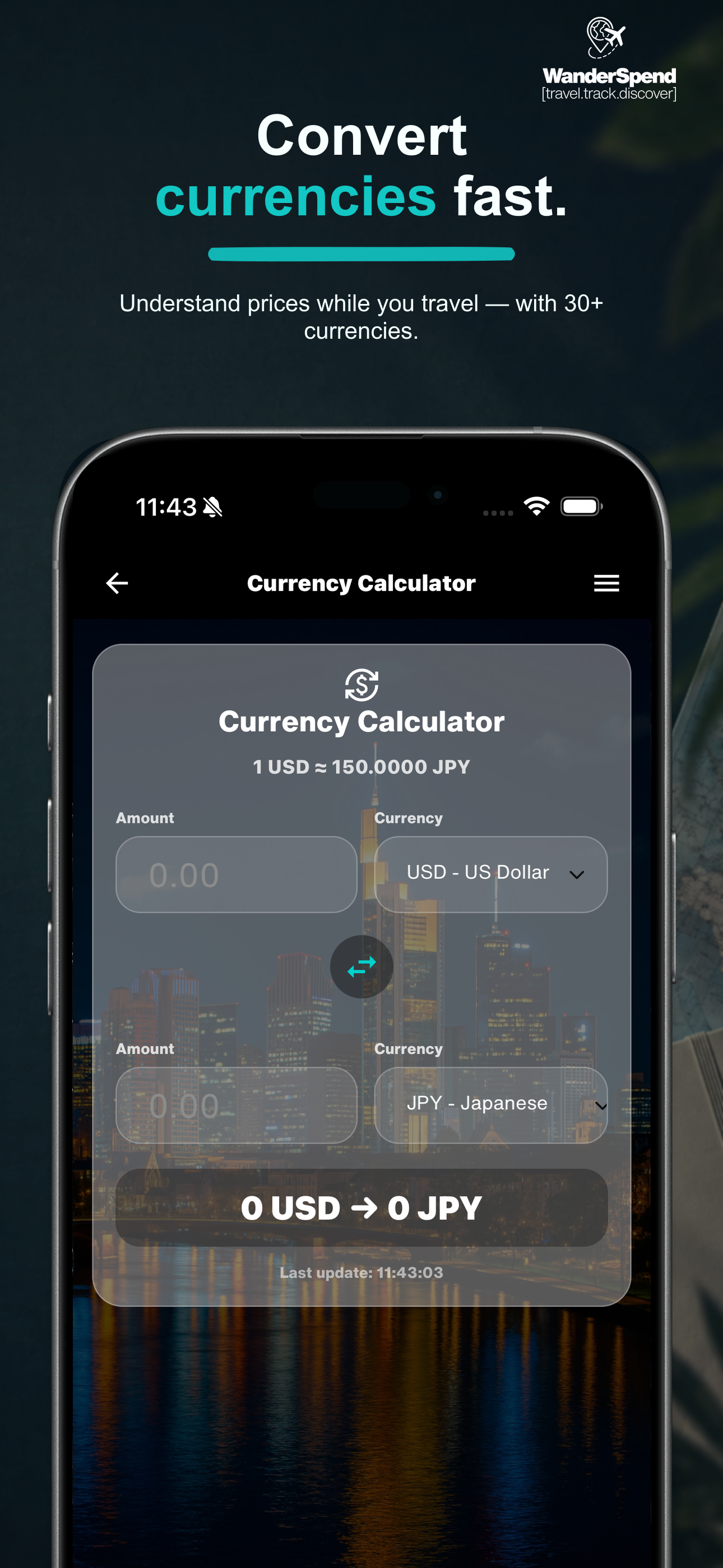 WanderSpend App Store screenshot with currency calculator