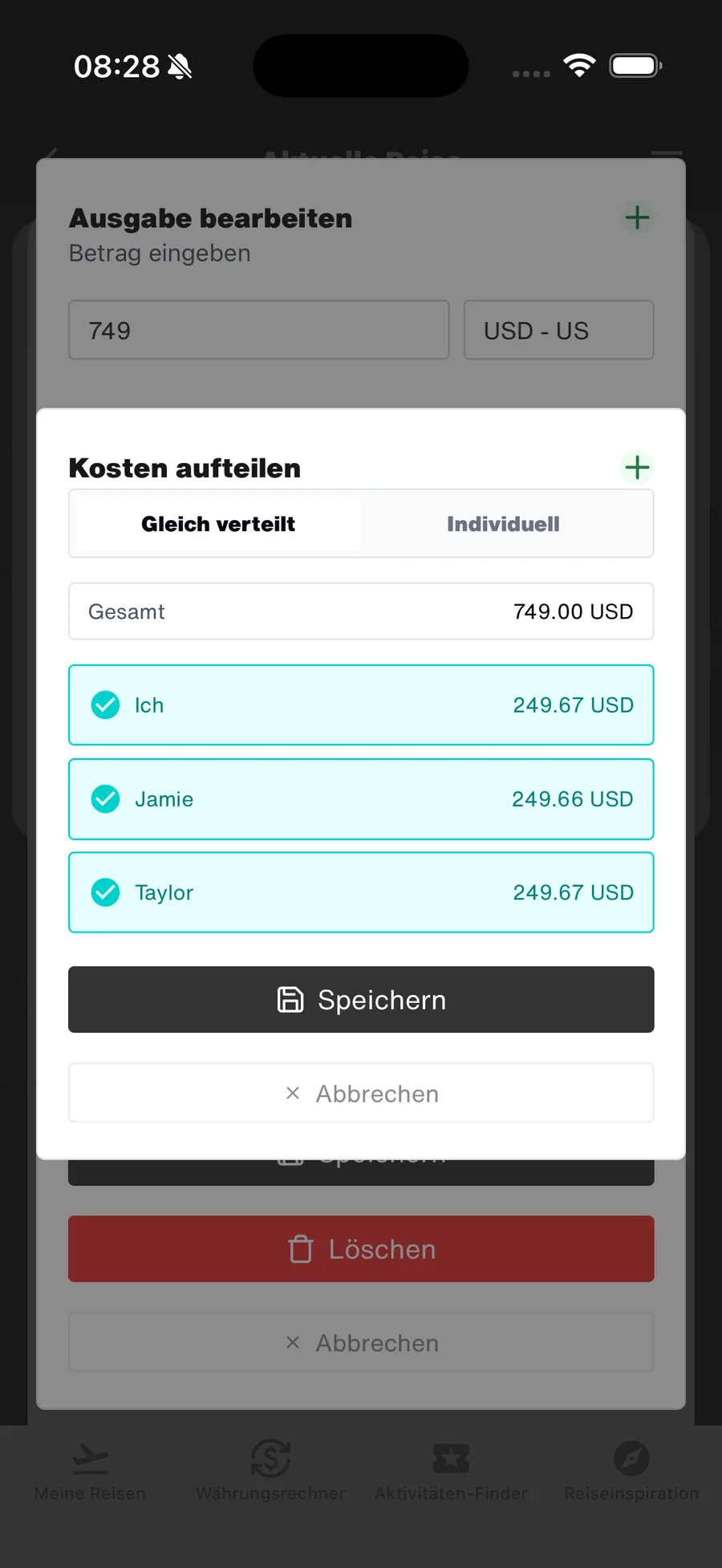 WanderSpend Cost-Split-Ansicht für gemeinsame Ausgaben