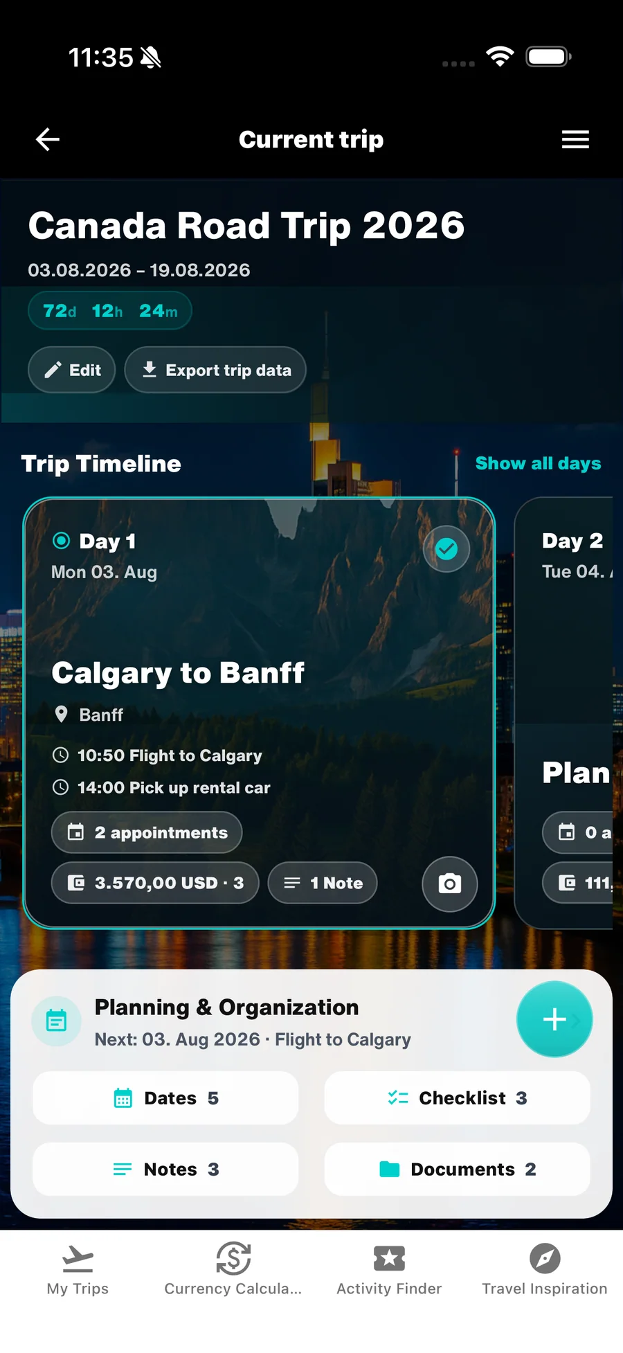 WanderSpend Reisetimeline mit täglichen Reisekarten