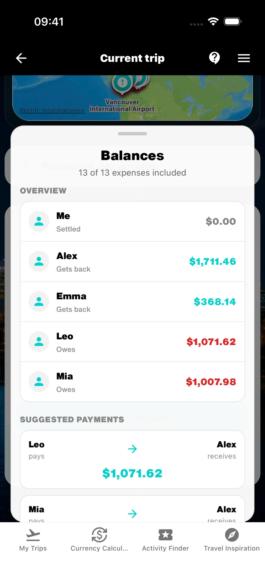 WanderSpend trip balances with suggested payments for a group trip