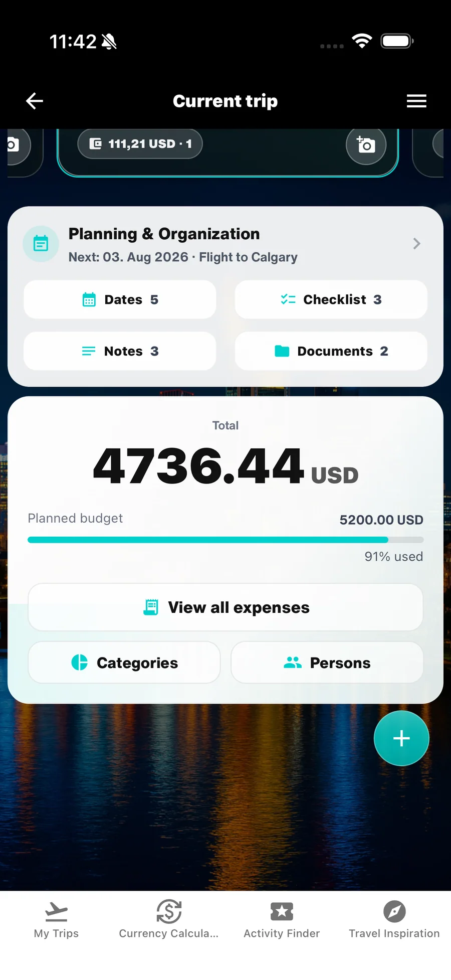 Panoramica budget del viaggio corrente in WanderSpend