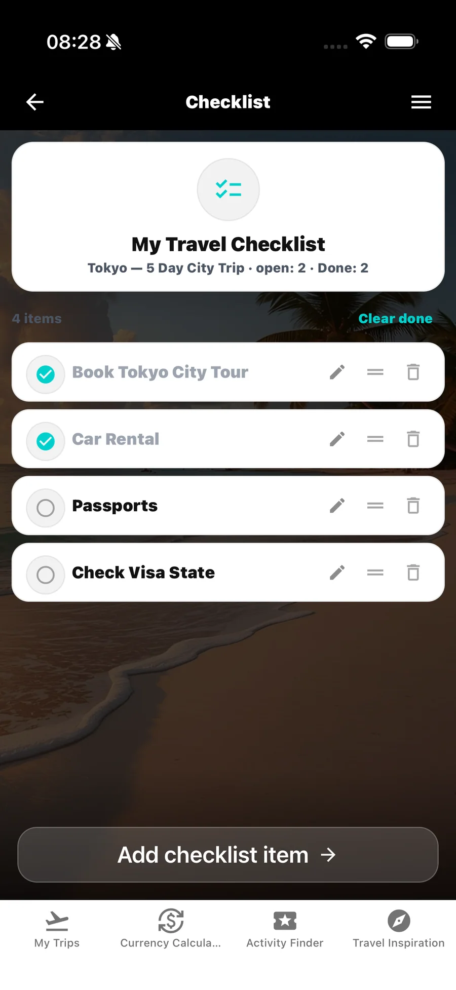 Lista de viaje de WanderSpend para un viaje