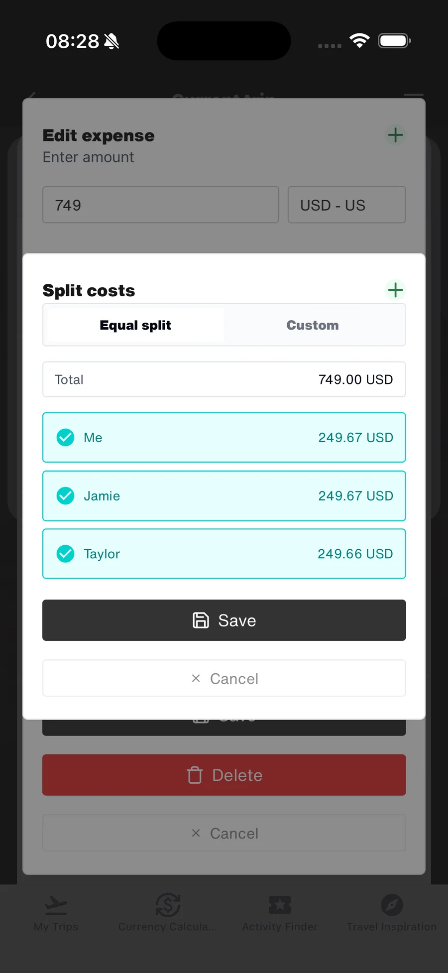 Pantalla Cost Split de WanderSpend para gastos compartidos