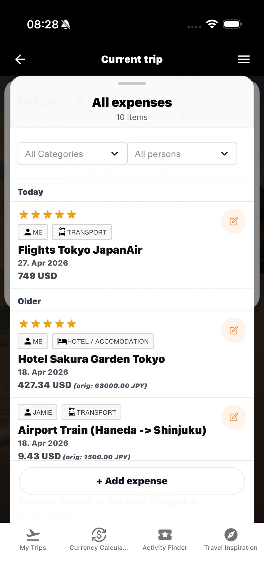 Lista de gastos de un viaje en WanderSpend