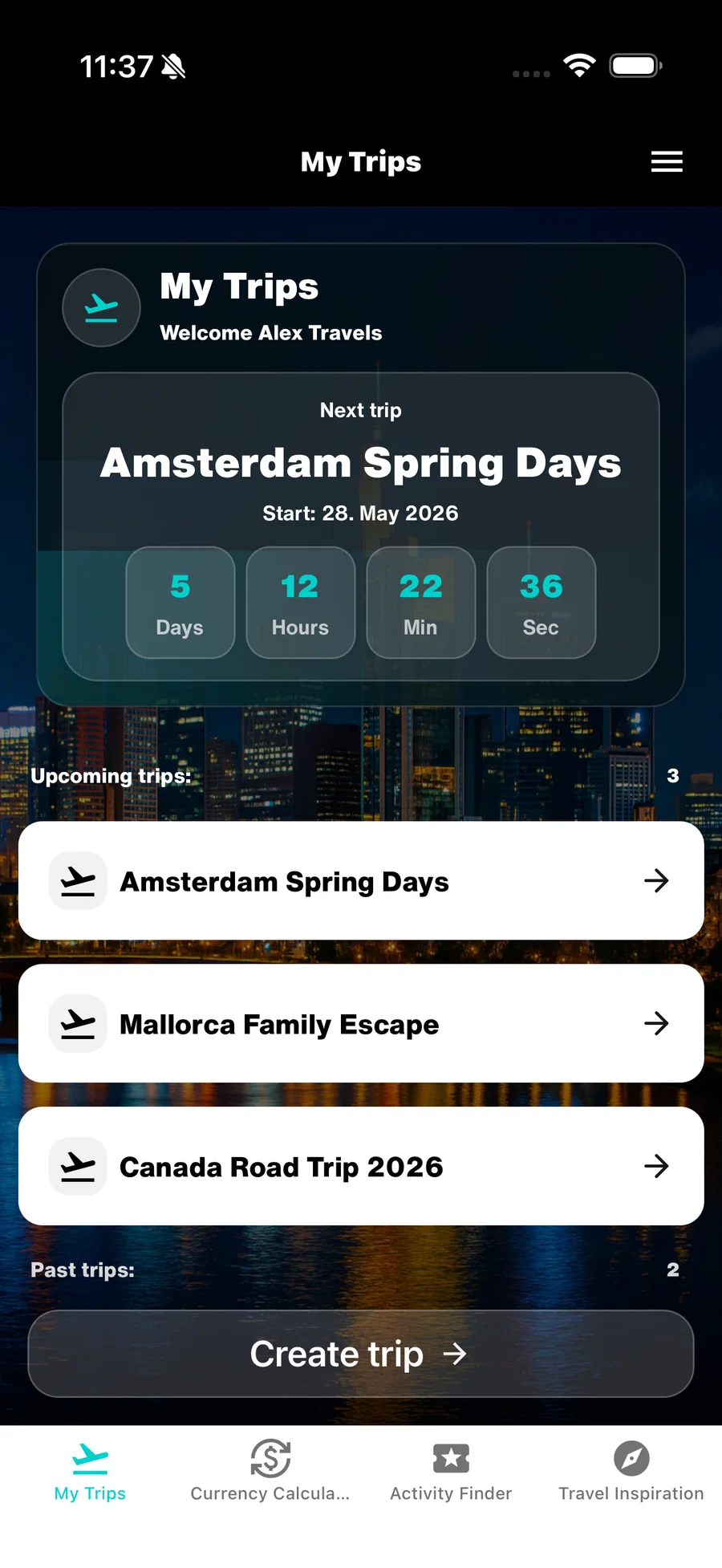 Pantalla de resumen de viajes de WanderSpend