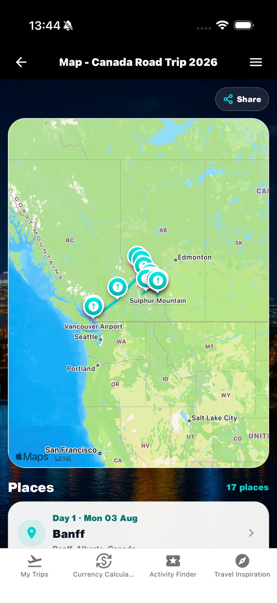WanderSpend Trip Map mit Route und Orten