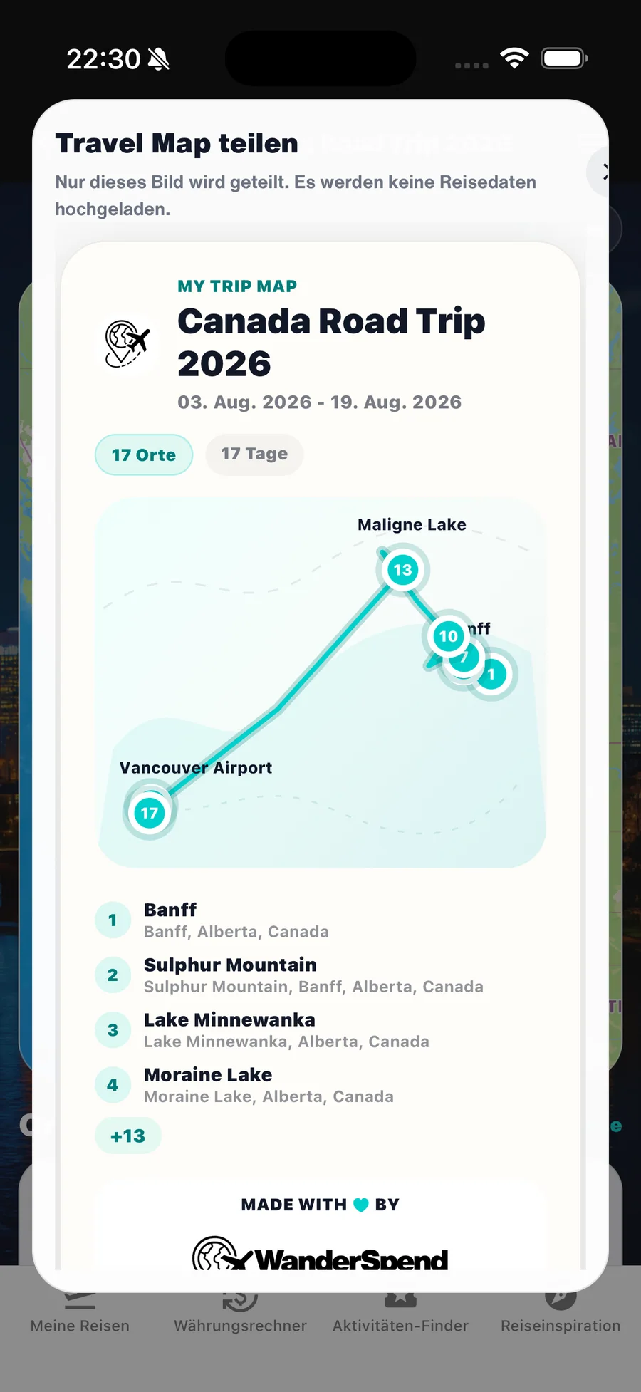 WanderSpend Travel-Map-Vorschau zum Teilen