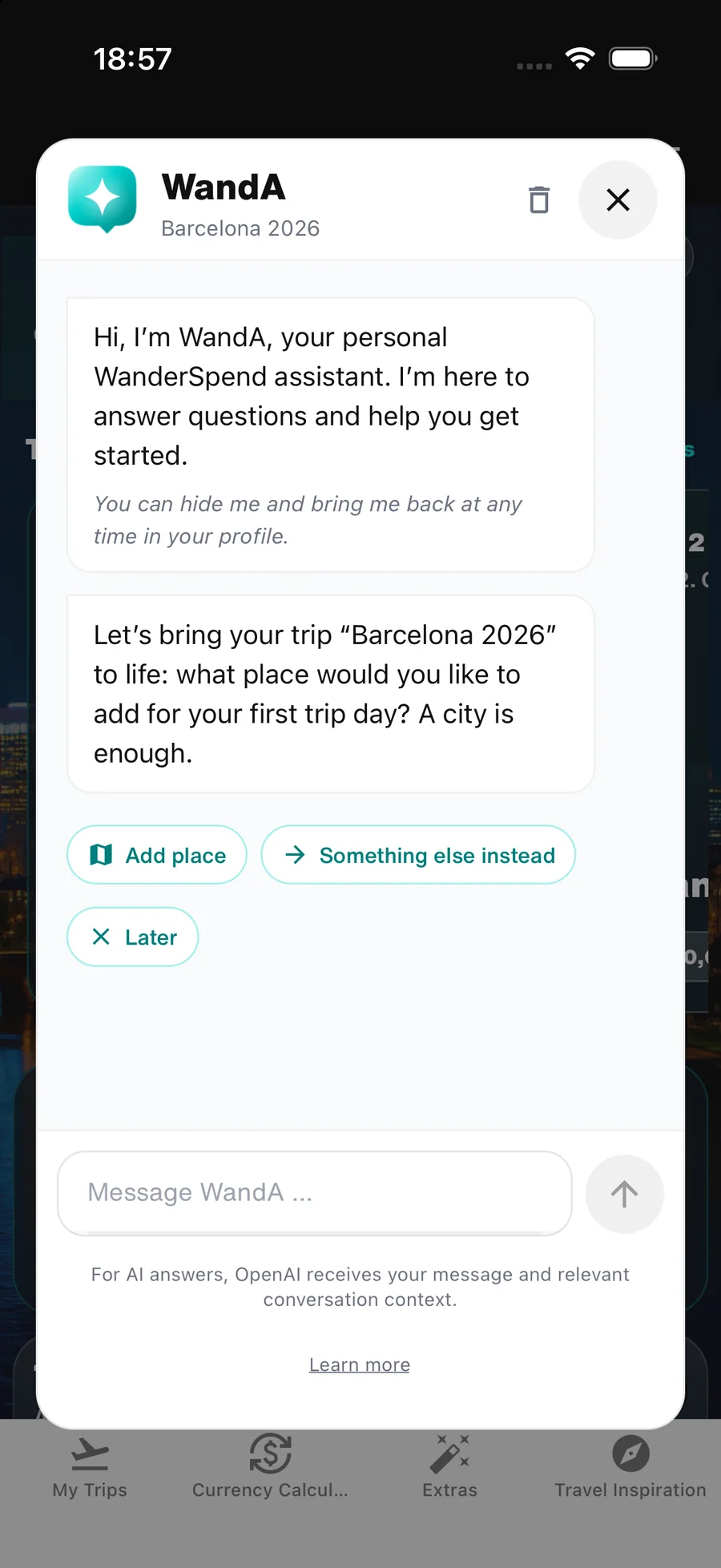 WandA assistant inside the WanderSpend app