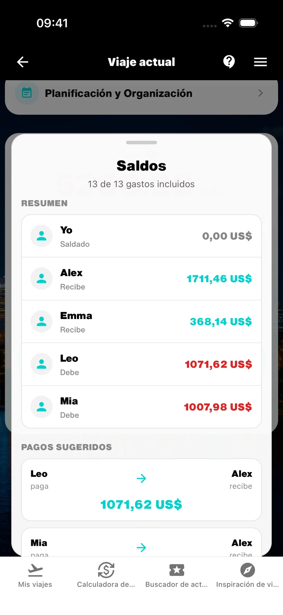 Saldos de WanderSpend con pagos sugeridos para un viaje en grupo