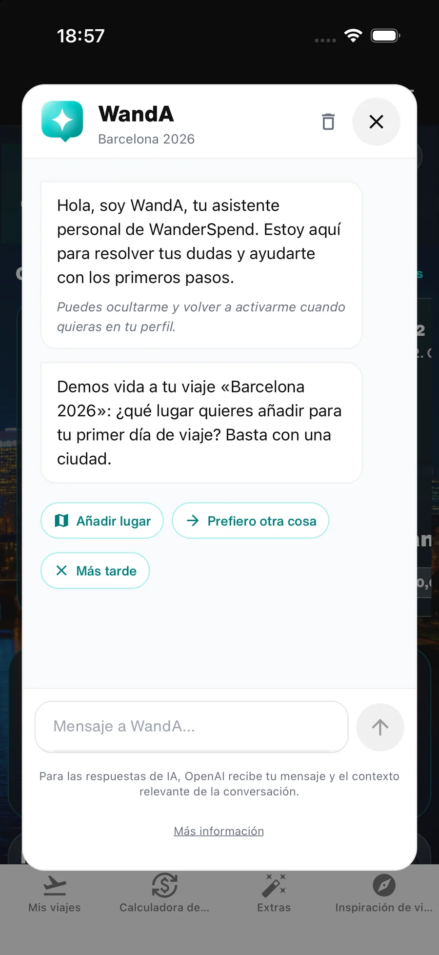 Asistente WandA dentro de la app WanderSpend
