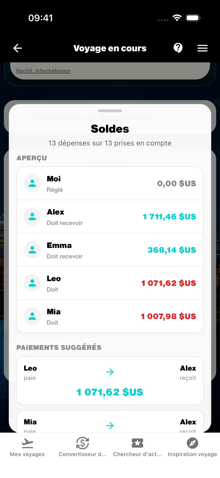 Soldes WanderSpend avec paiements suggérés pour un voyage de groupe