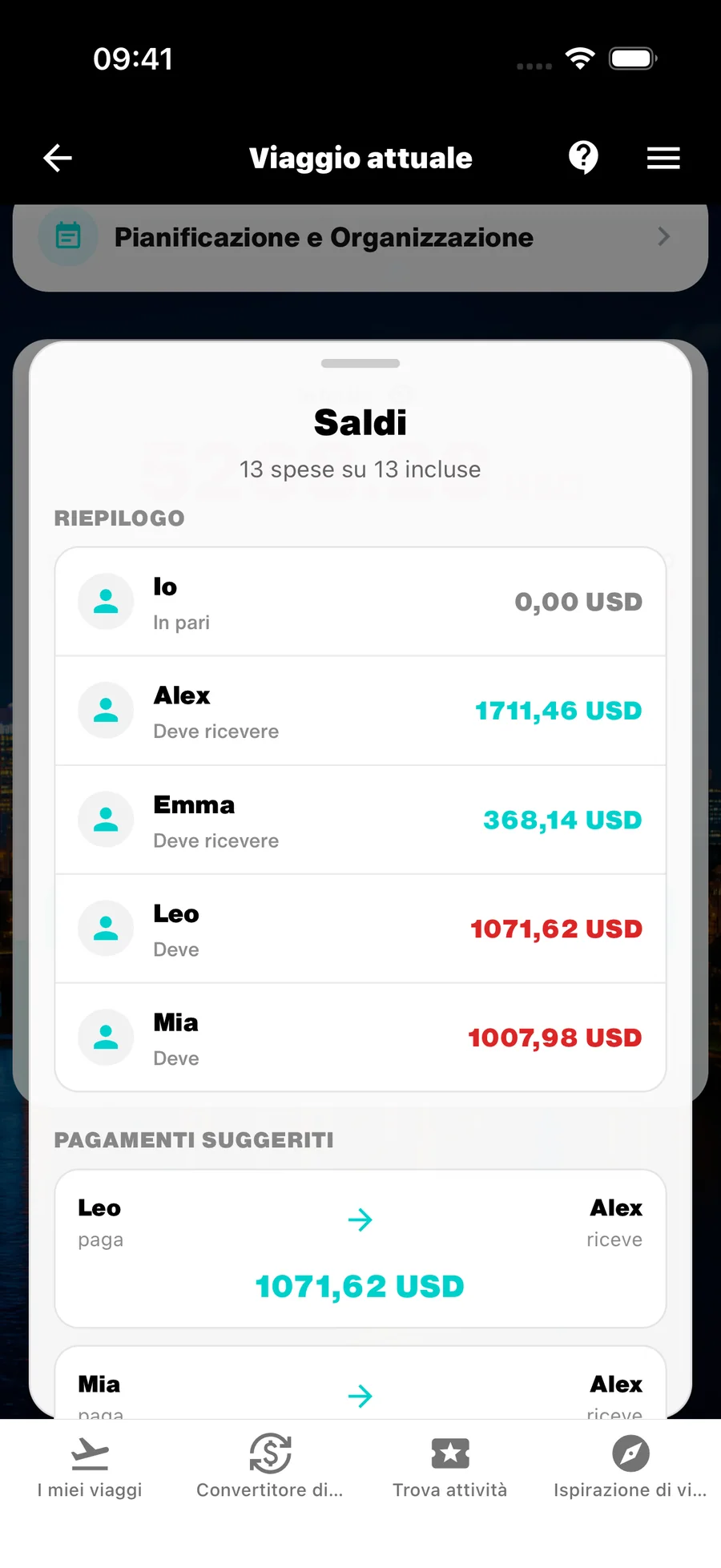 Saldi WanderSpend con pagamenti suggeriti per un viaggio di gruppo