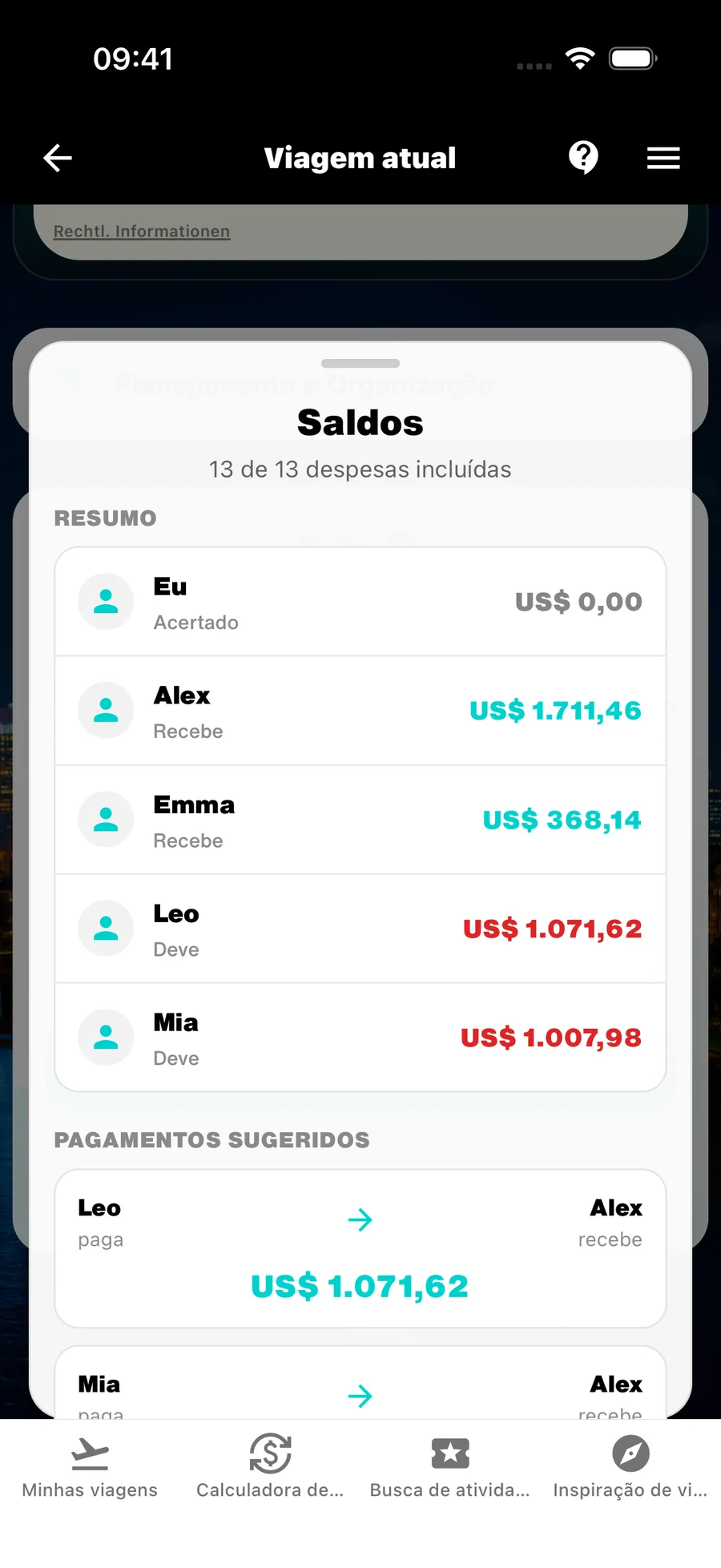 Saldos do WanderSpend com pagamentos sugeridos para uma viagem em grupo