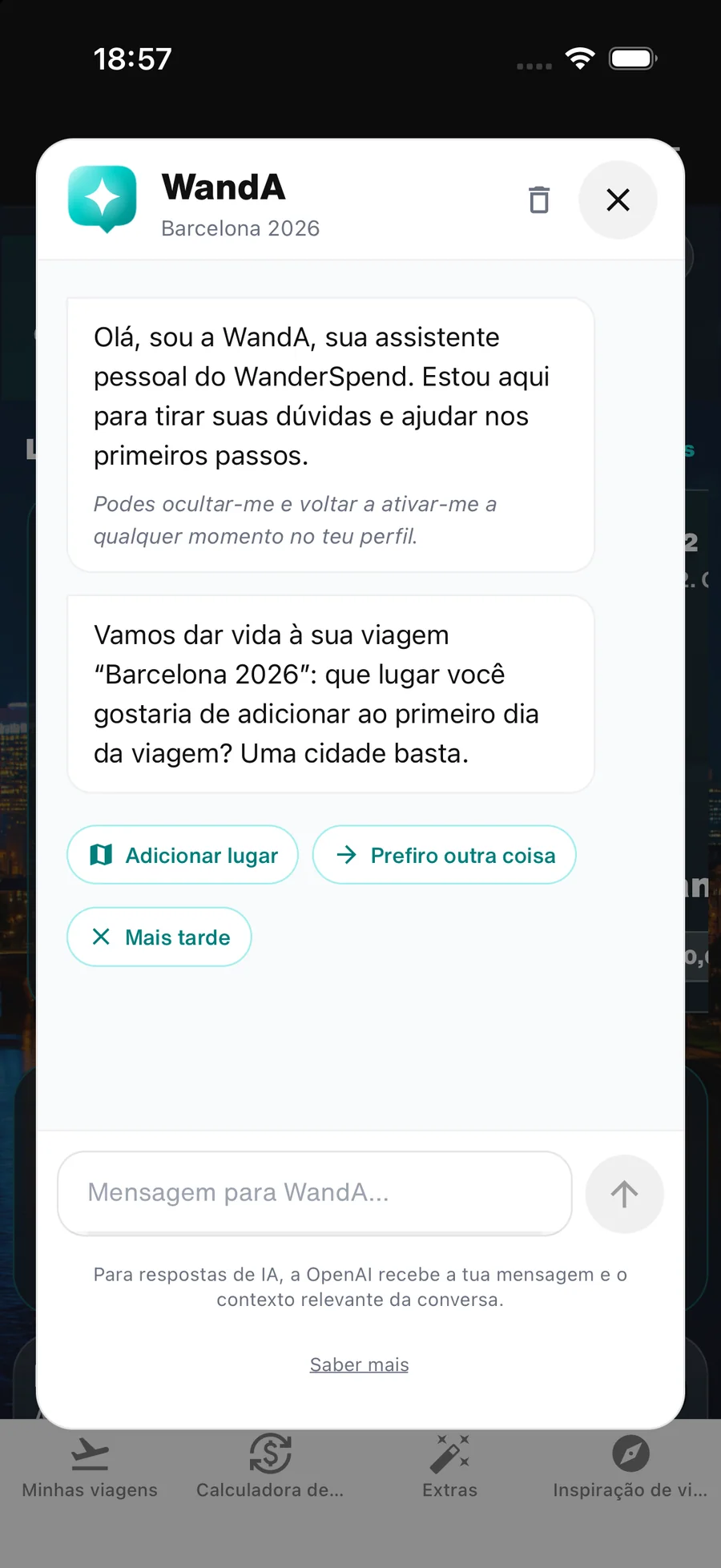 Assistente WandA na app WanderSpend